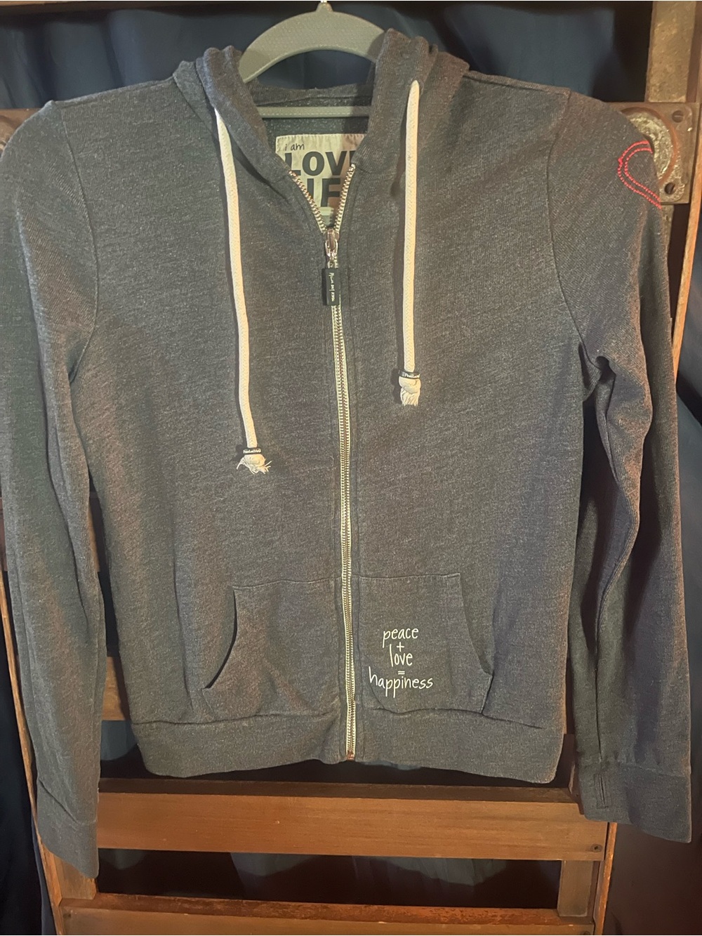Peace Love World Women's Dark Gray Zip-Up Hoodie with White Drawstrings
